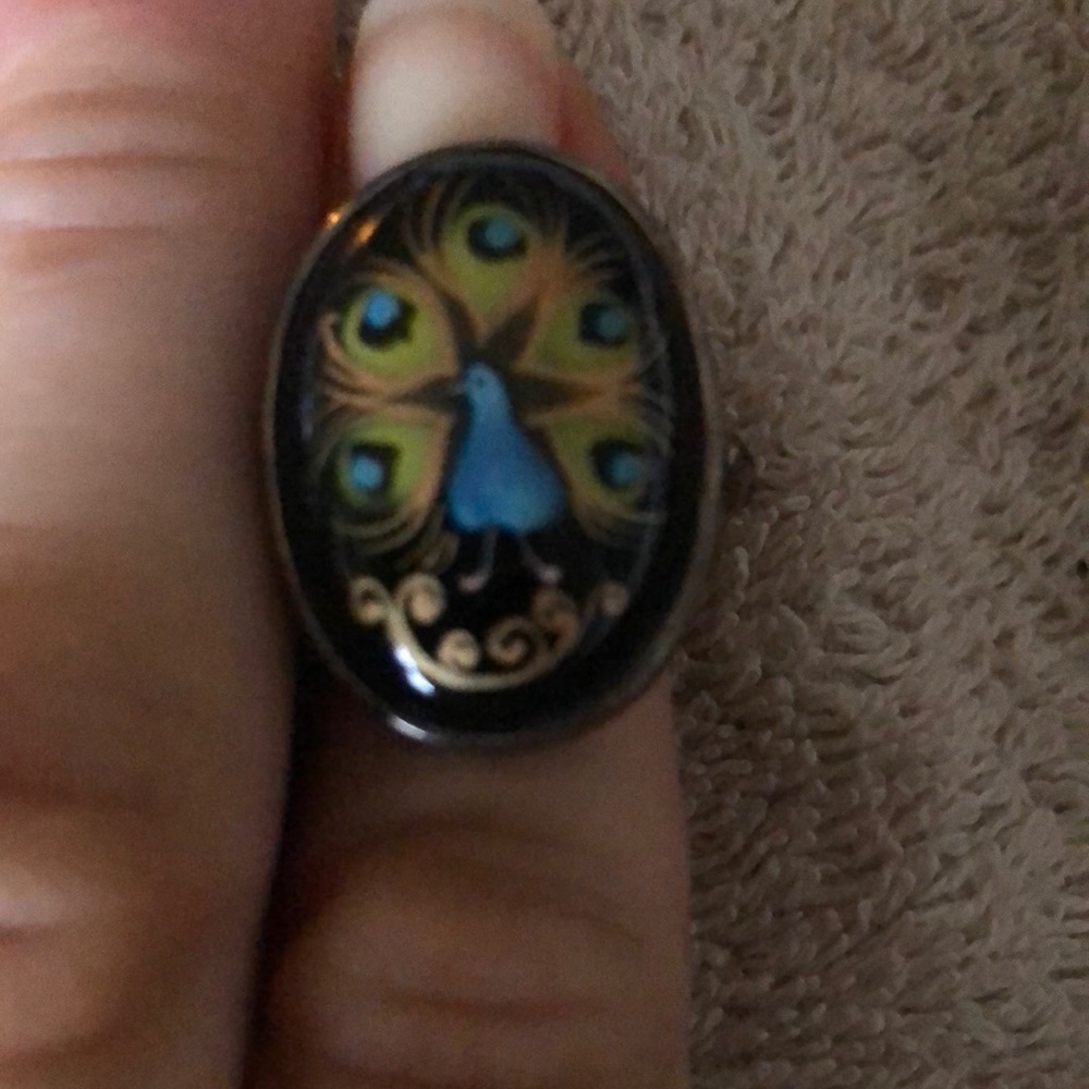 Beautiful painted peacock silver ring